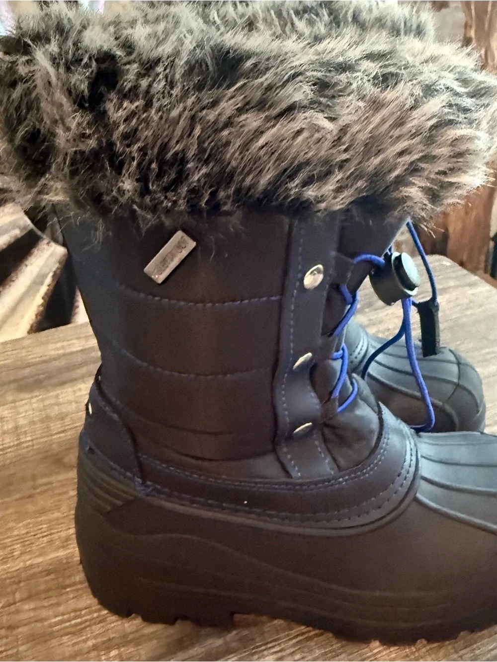 Kids Black Winter Snow Boots with Faux Fur Trim - Blue Accents
